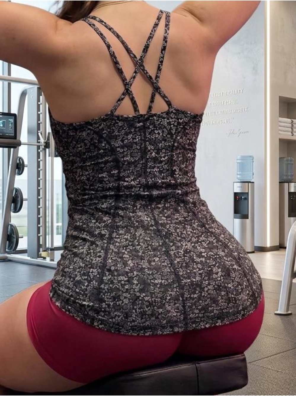 Athleta Gray & Black Floral Strappy Fitness Tank with built in bra size M
